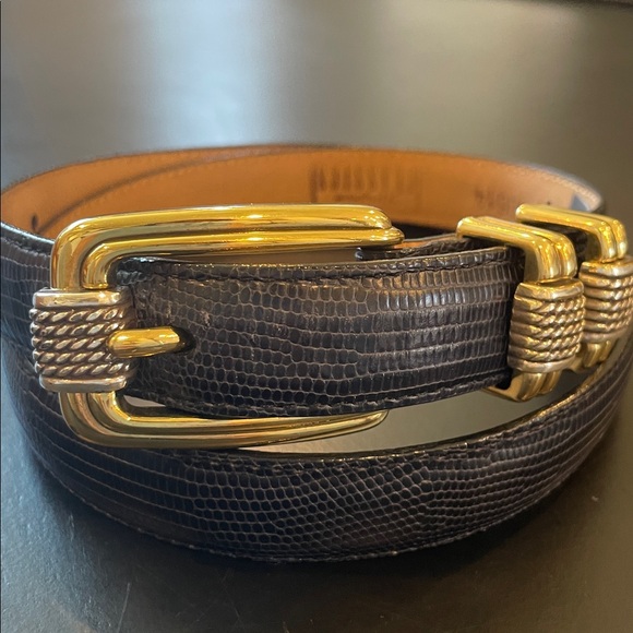 BRIGHTON Classics Reptile Leather Belt Black Gold Buckle Sz M/L 32 Vintage 4B614 - Picture 2 of 7